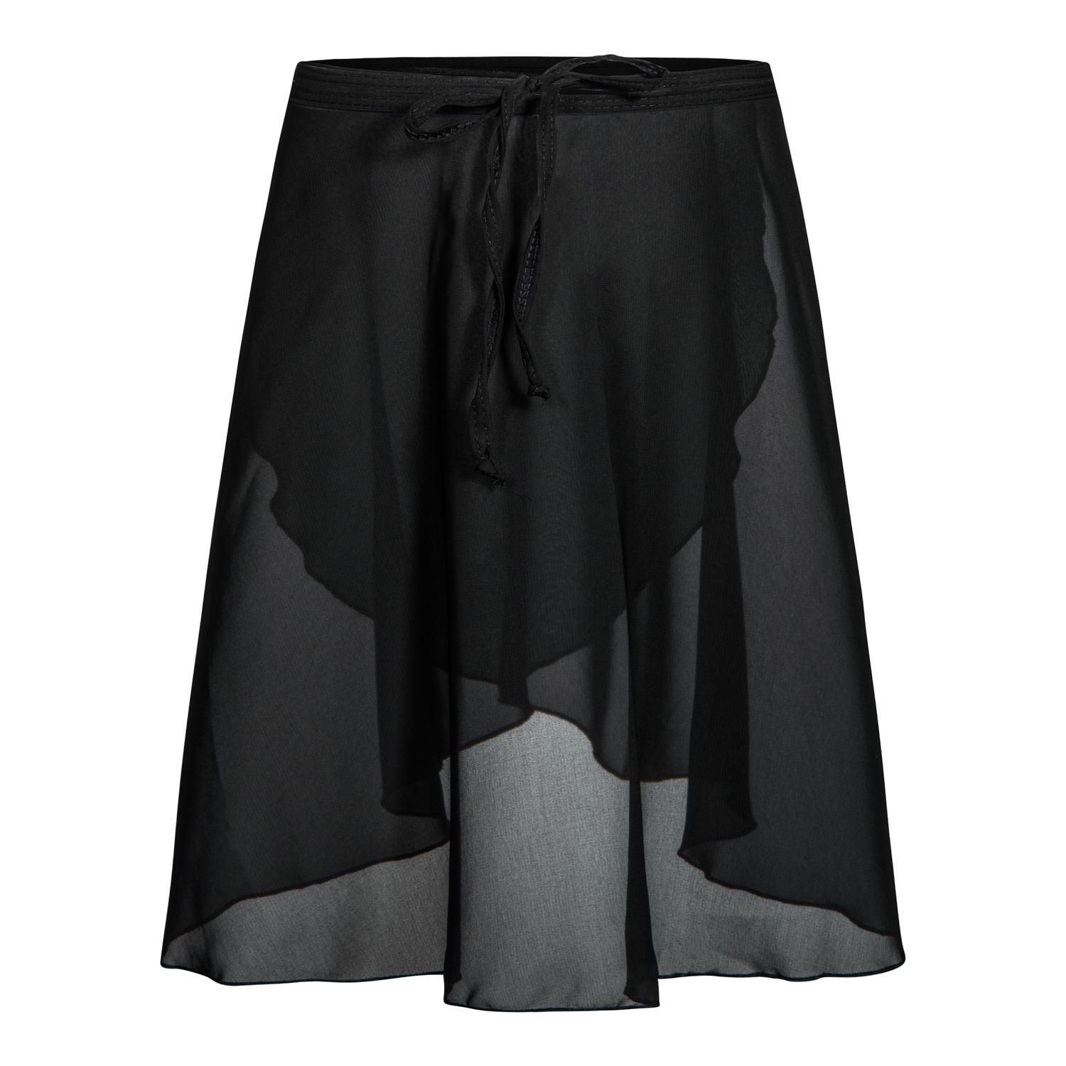 Unverzichtbarer schwarzer R3050 Chiffon-Wickelrock von Rumpf mit Bindegürtel und asymmetrischem Saum für angehende Tänzerin.